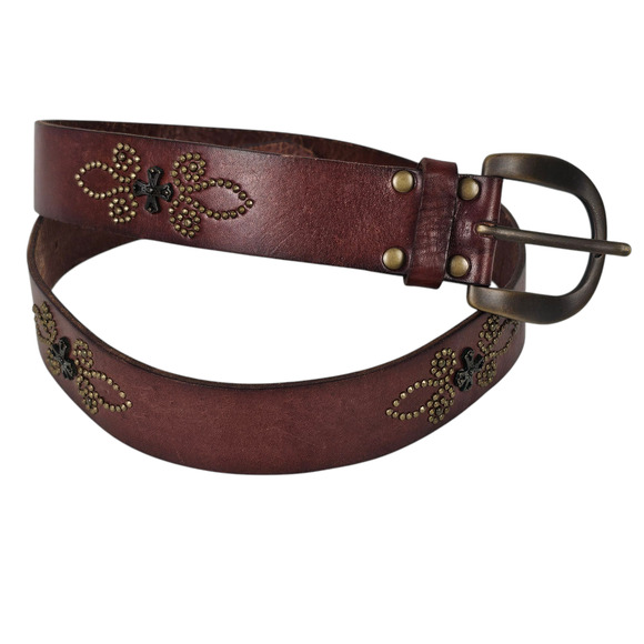 Fossil brown leather belt brass buckle studs size Large - Picture 2 of 9